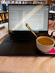 Writing and a split pea soup snack (and yes, I know it's dangerous to combine soup and a keyboard, but there were no accidents.)