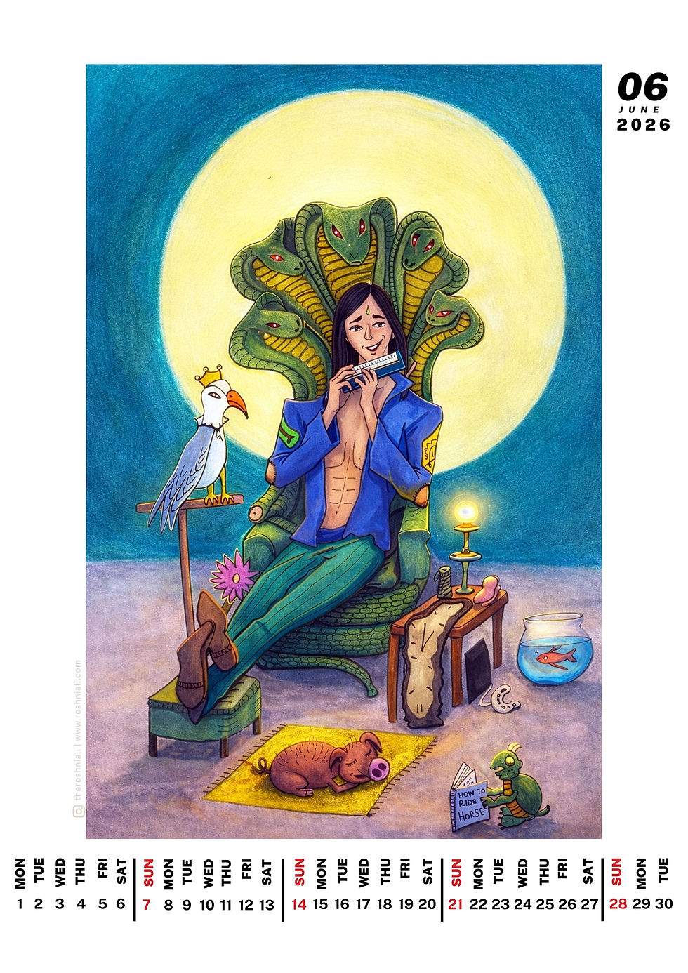 Indian God vishnu reimaged in contempoary goa, art calendar inspired by ancient indian archytepes