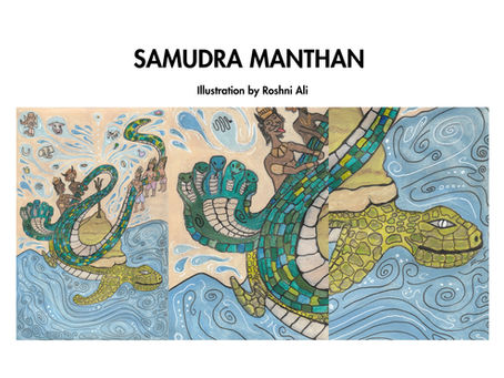 samudra mantha a artwork ispired by the famous myth of churning of the ocean , artist roshni ali, goa based, pop creative , vibrant fresh take on an old myth