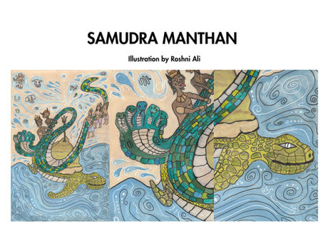 samudra mantha a artwork ispired by the famous myth of churning of the ocean , artist roshni ali, goa based, pop creative , vibrant fresh take on an old myth