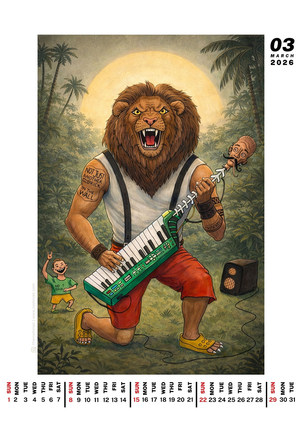 Indian God Narasimha reimaged in contempoary goa, art calendar inspired by ancient indian archytepes.