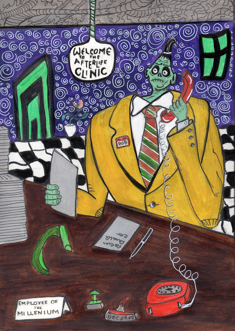 "Acrylic painting by Goa-based artist Roshni Ali depicting Bob, the afterlife clerk from Tim Burton’s Beetlejuice, stuck at his desk with ‘Employee of the Month’ written above him. A satirical take on death, bureaucracy, and the absurdity of mundane work, reflecting dark comedy and surreal storytelling."