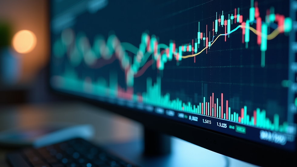 Close-up view of a computer screen displaying stock charts with moving averages