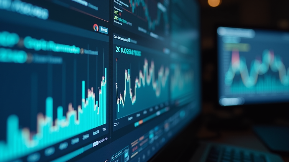 Close-up view of a computer screen showing AI data analysis graphs