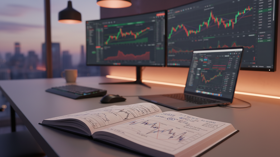 Close-up view of a trading journal with handwritten notes and charts