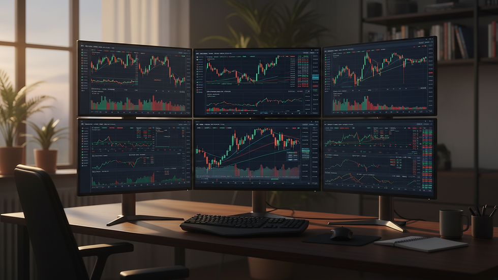 Eye-level view of a trader’s desk with multiple monitors displaying charts