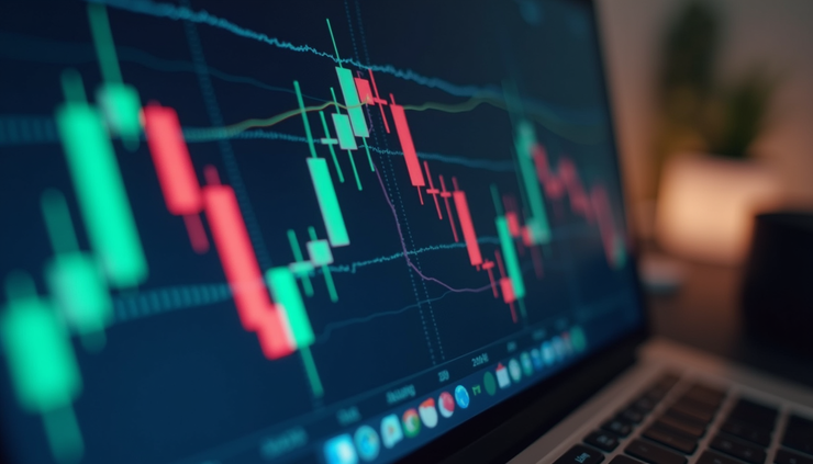 Eye-level view of a computer screen displaying stock charts with highlighted breakout points