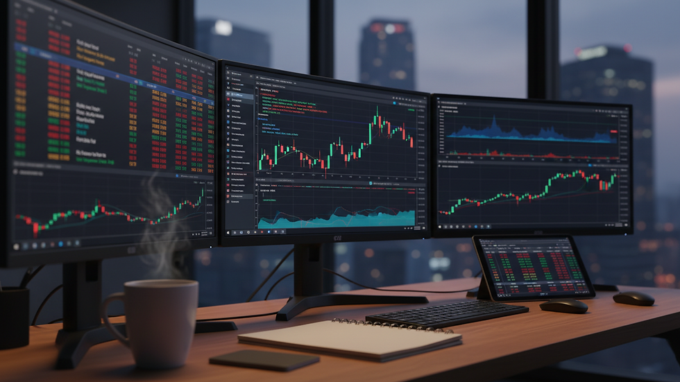 Eye-level view of a trader’s desk with a notebook and coffee cup