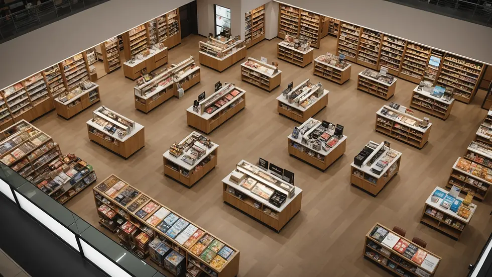 High angle view of a spacious retail layout with categorized zones