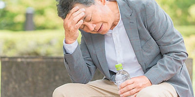 屋外で頭が痛い男性