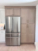 whte oak shaker cabinets, white dove shaker cabinets, oak flooring, custom crown molding, stainless appliances built-in, brass hardware