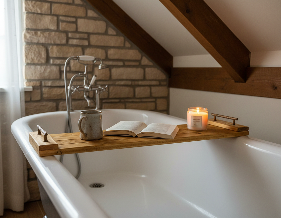 Handgefertigte Badewannenablage aus rustikalem Eichenholz | Badewannentablett
