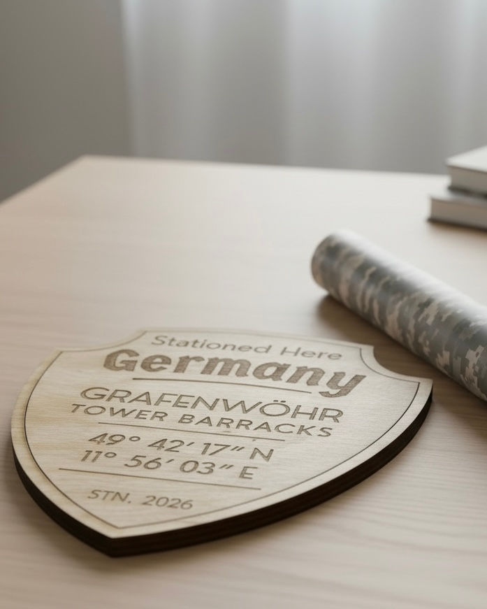 Thumbnail: Stationed Here Military Wall Sign | Custom Duty Station Plaque | Shield Shape