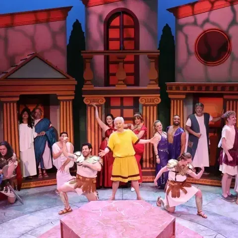 Production photograph for A Funny Thing Happened on the Way to the Forum at Lake Dillon Theatre Company; scenic design by Brandon PT Davis.