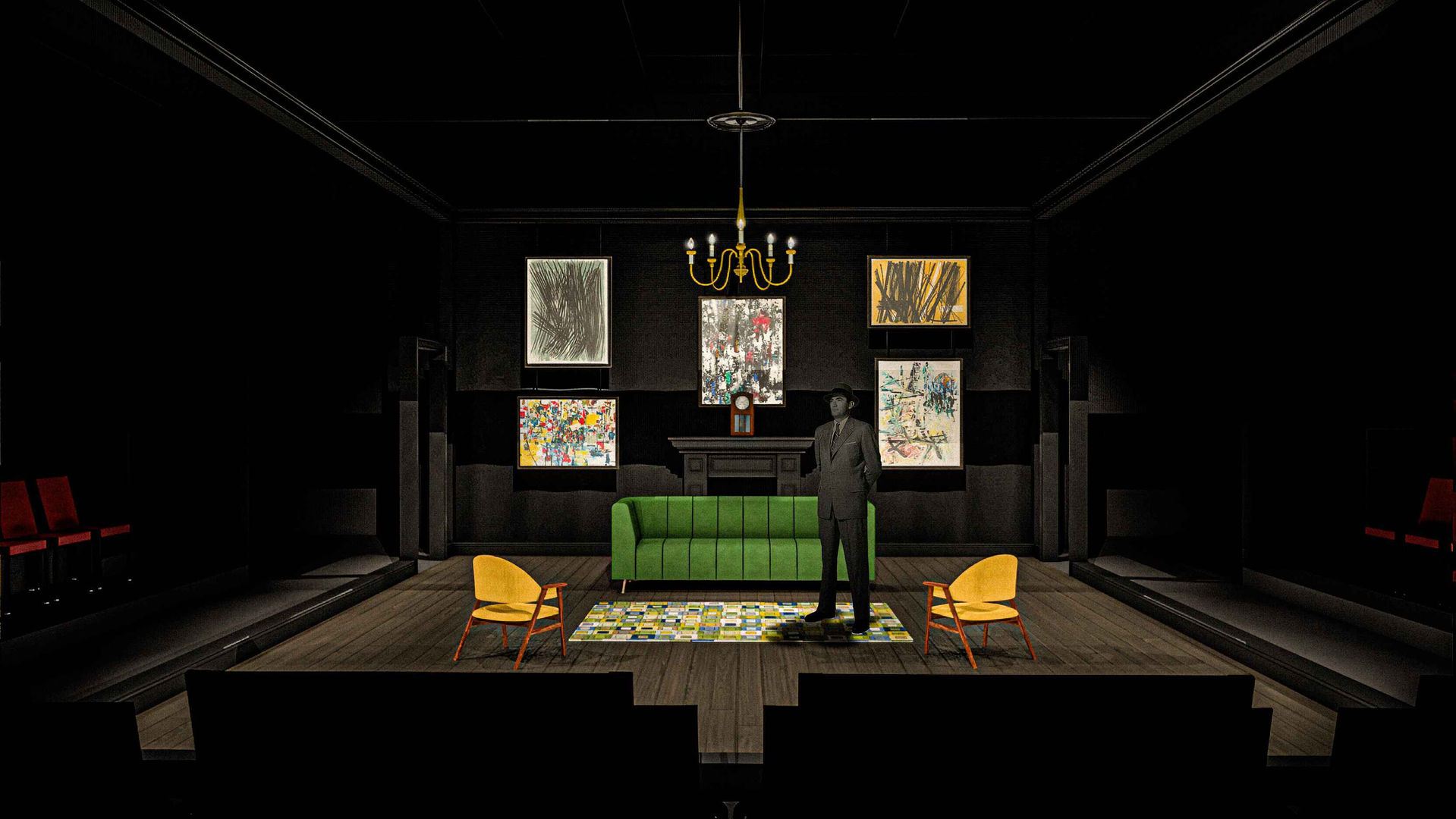 Rendering for The Bald Soprano showing the distorted domestic environment and heightened composition.
