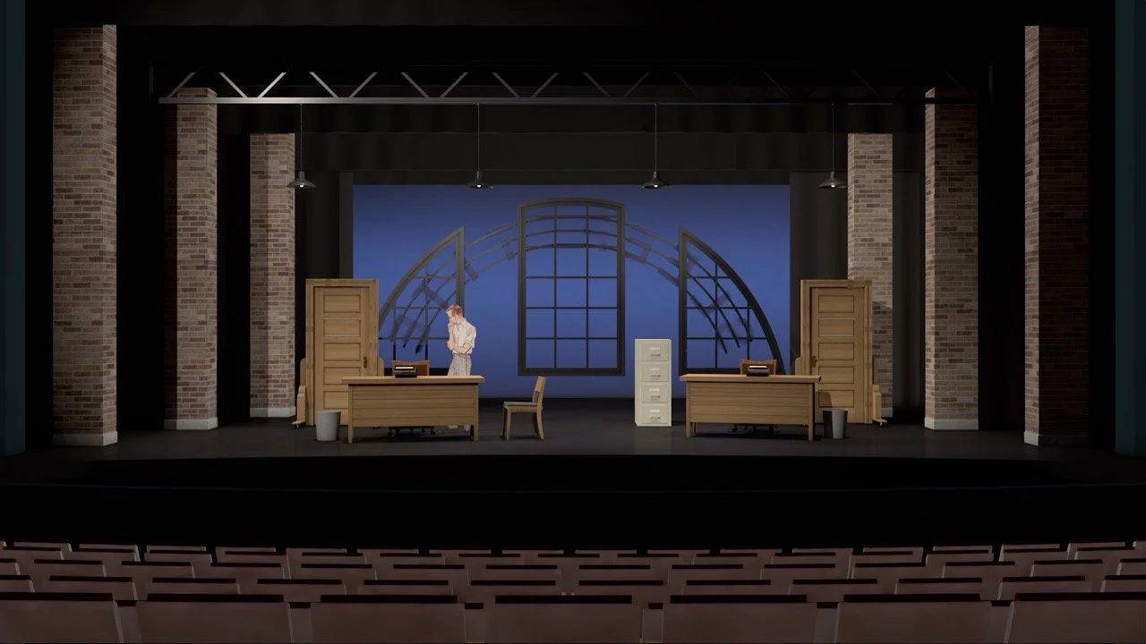 Rendering of the factory signage and modular scenic composition.