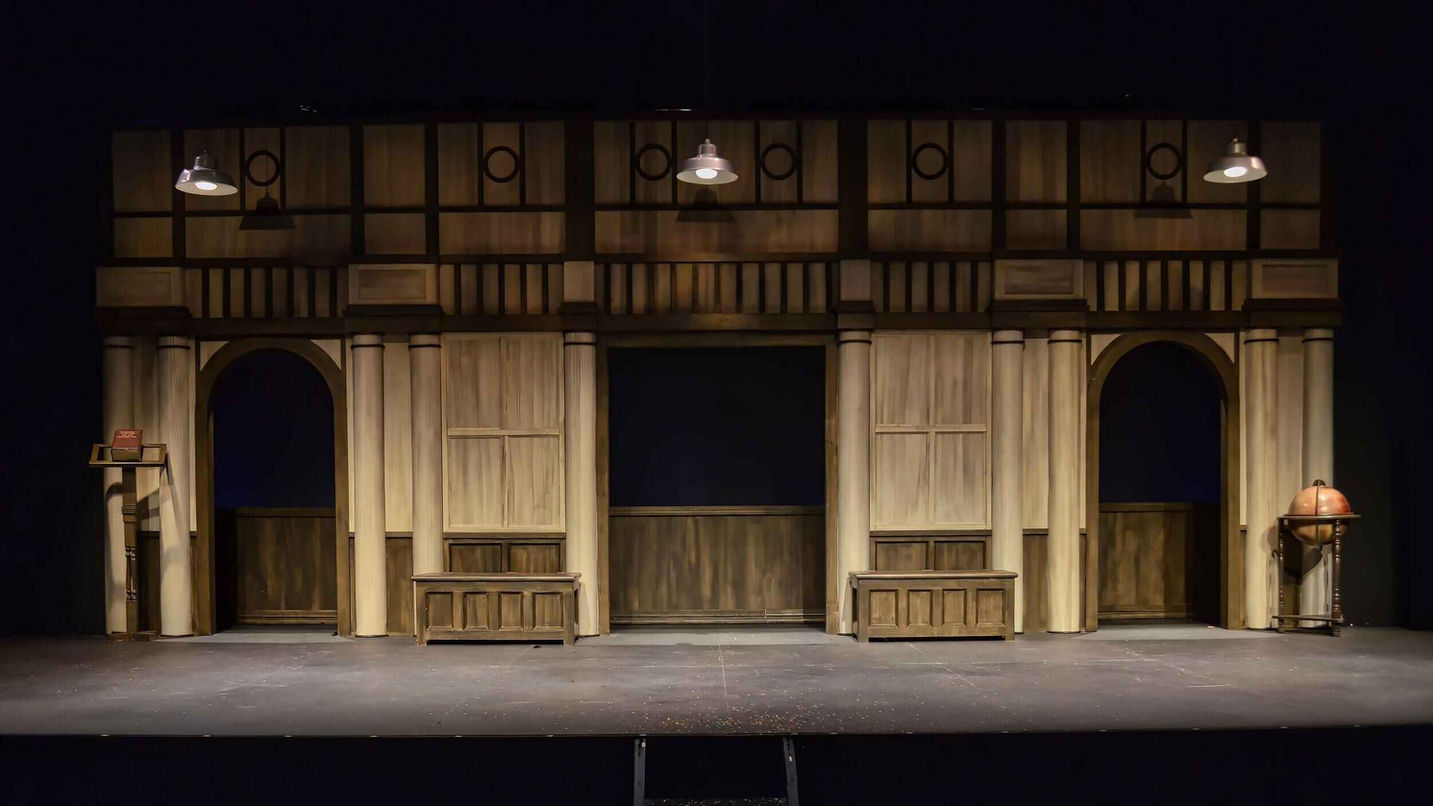 Final scene from The Complete Works of William Shakespeare (abridged) emphasizing the playful modular environment and comic momentum.
