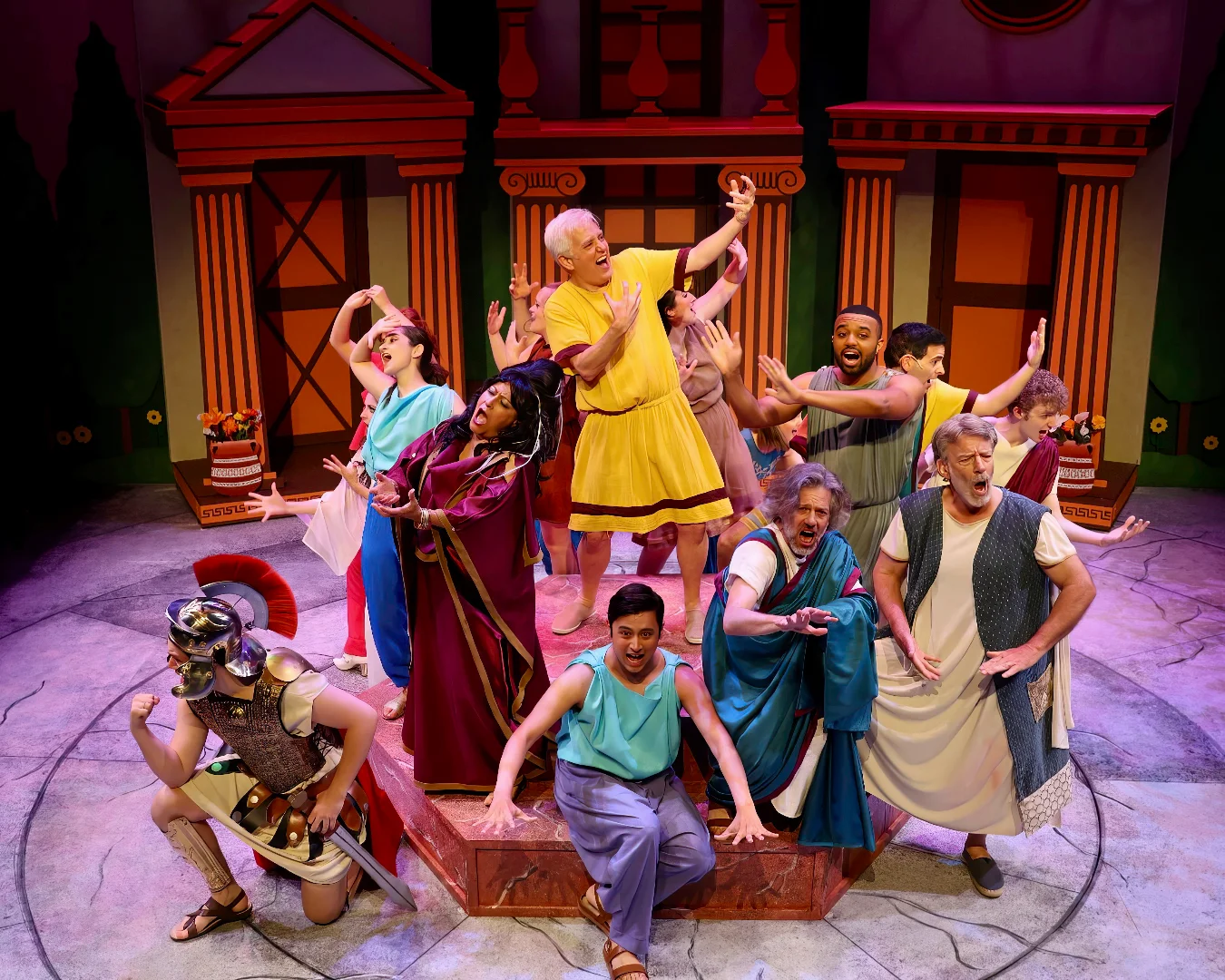 Full-stage view of the Roman house facades and comic staging.