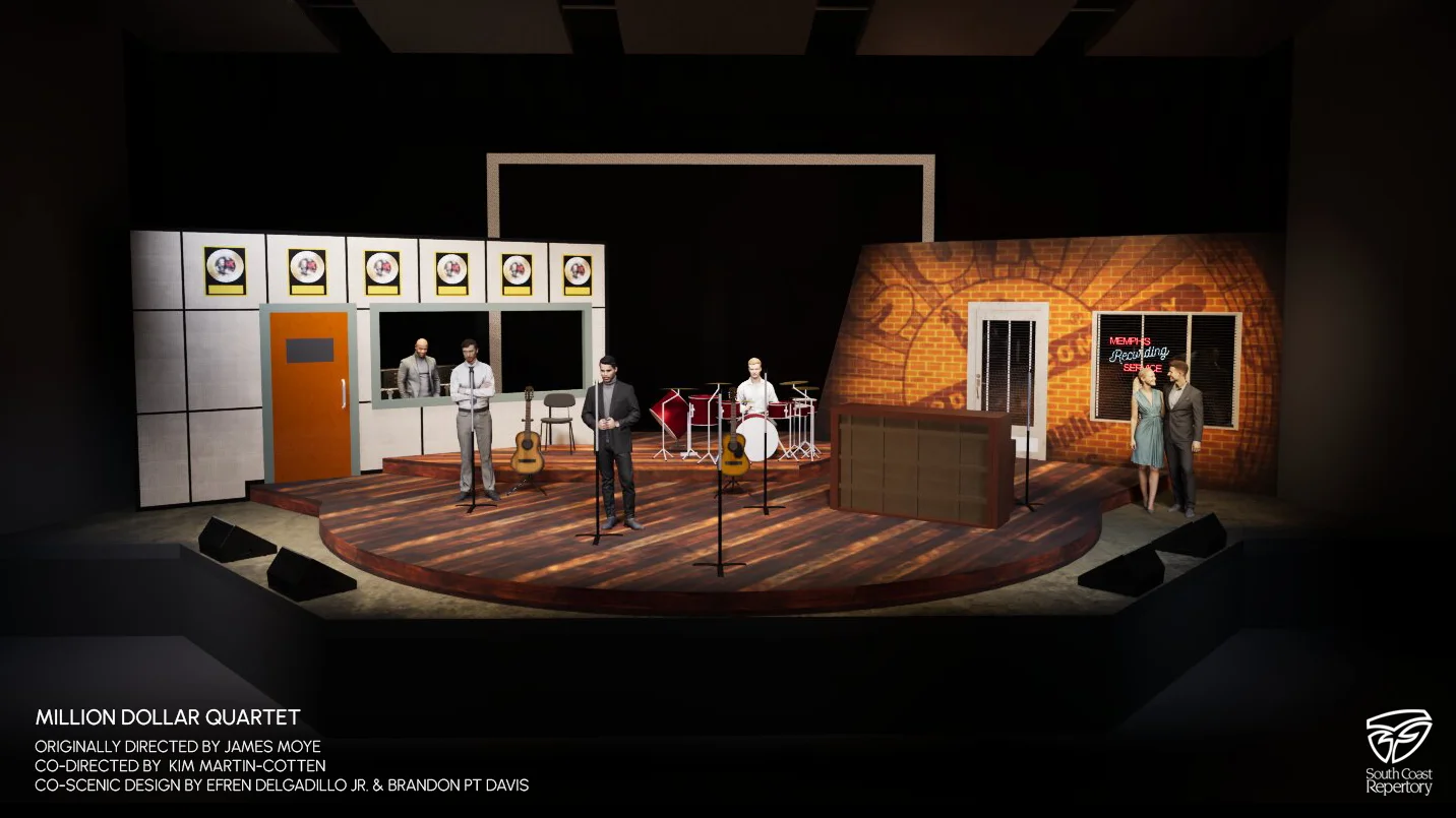 Rendering showing depth, instrument placement, and sightlines for Million Dollar Quartet.