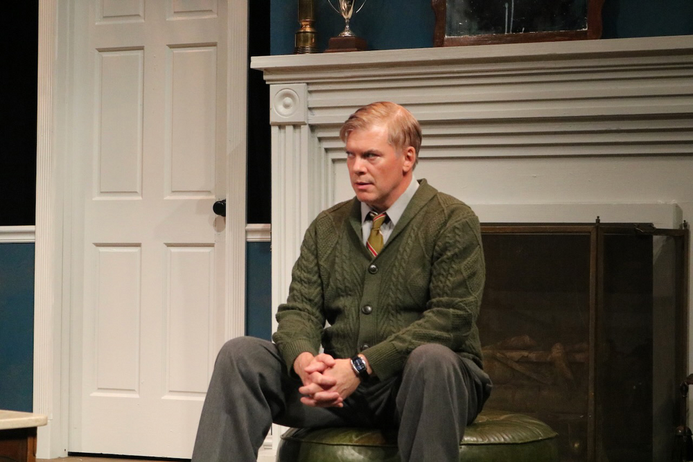 Room’s centered fireplace and formal apartment composition for Dial “M” for Murder at Okoboji Summer Theatre.