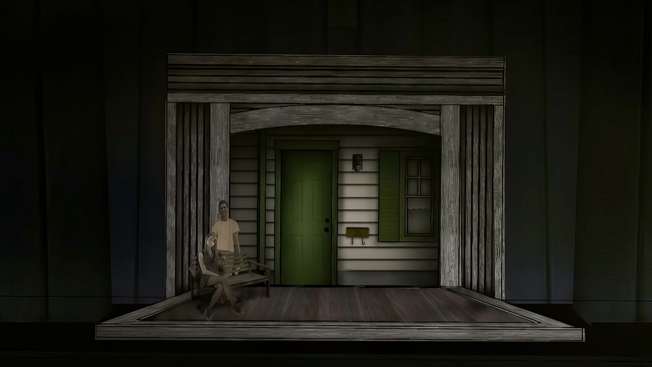 Rendering for Last Train to Nibroc showing the intimate scenic scale and backdrop system.