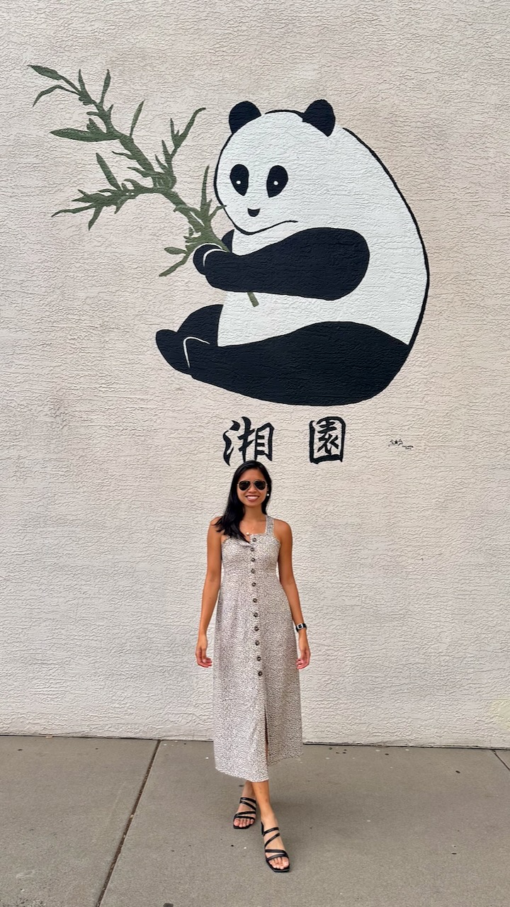 A person standing beneath a large panda mural.