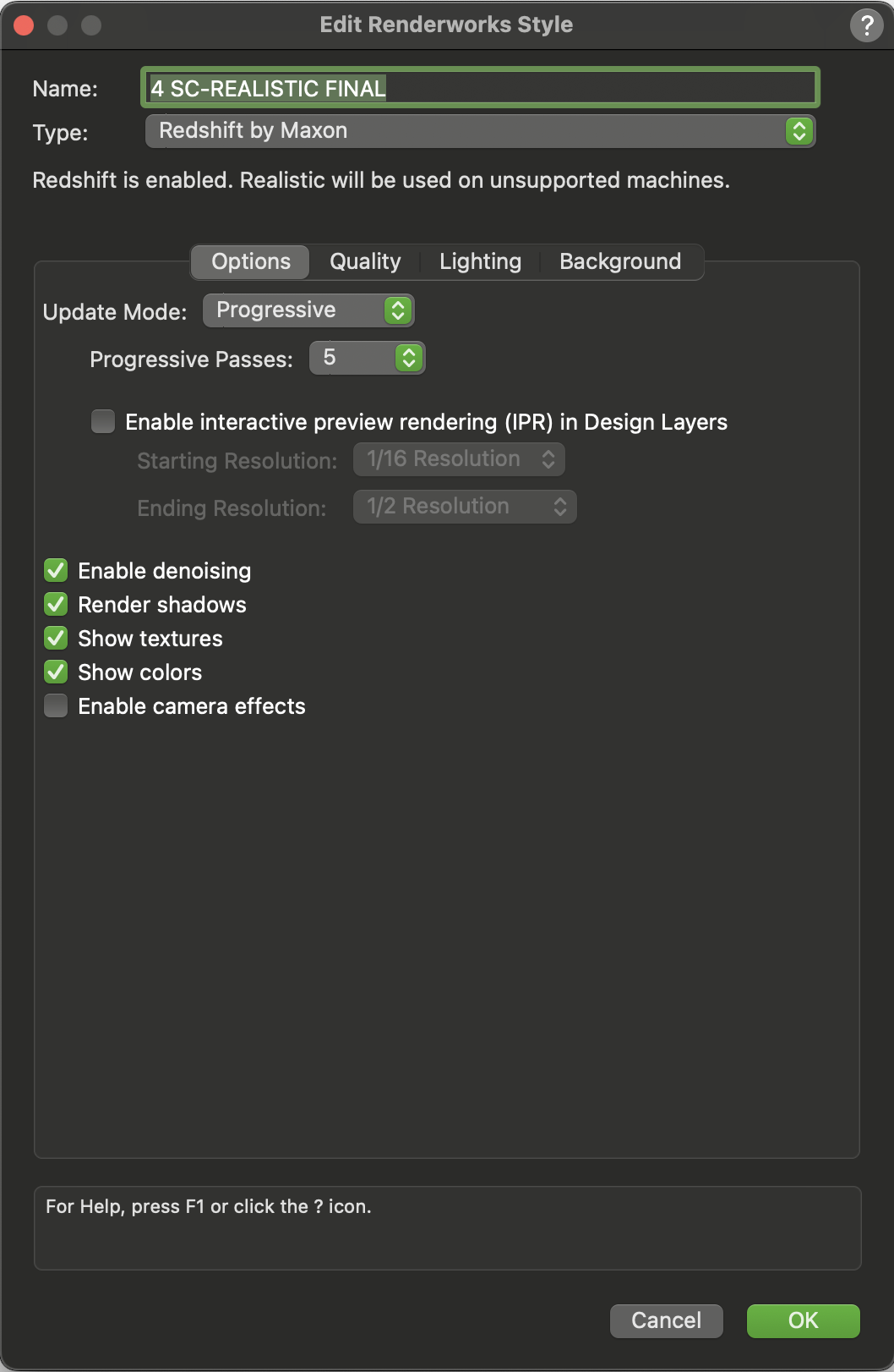 Vectorworks Edit Renderworks Style Redshift options tab.