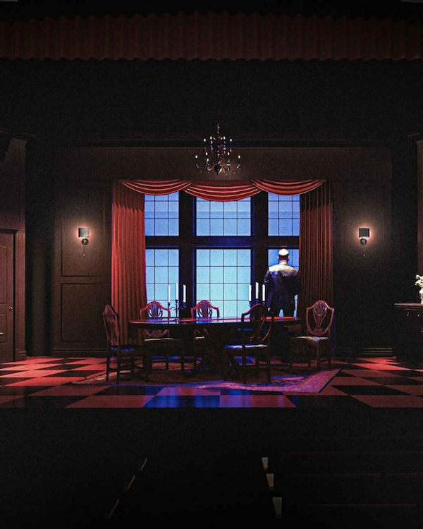 Scenic rendering of the Birling dining room for An Inspector Calls at Okoboji Summer Theatre.