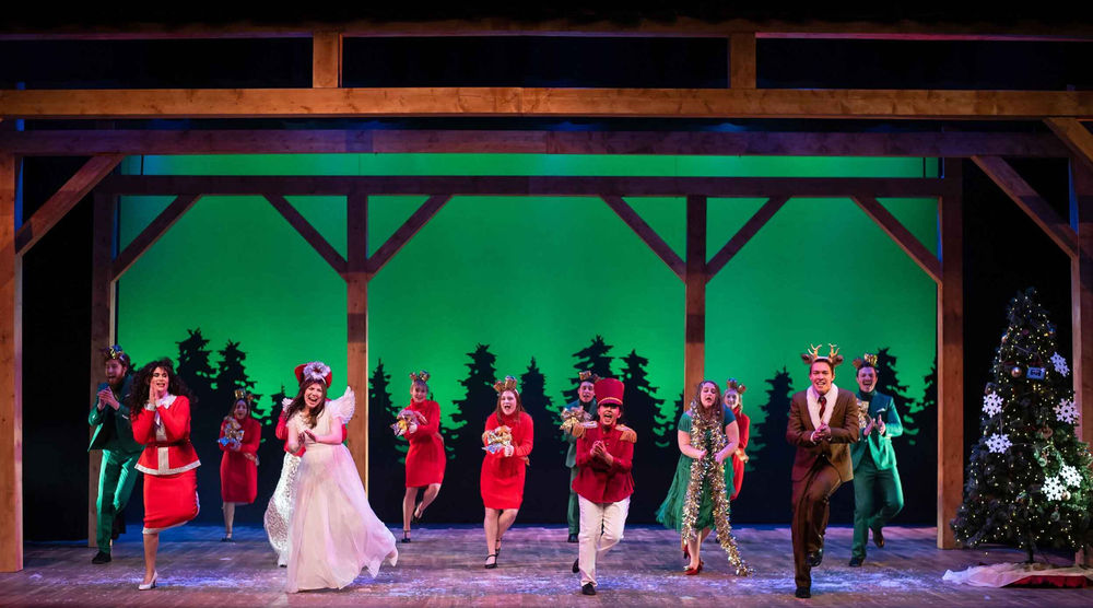 Full-stage view of the complete holiday world for A Smalltowne Christmas at Stephens College.