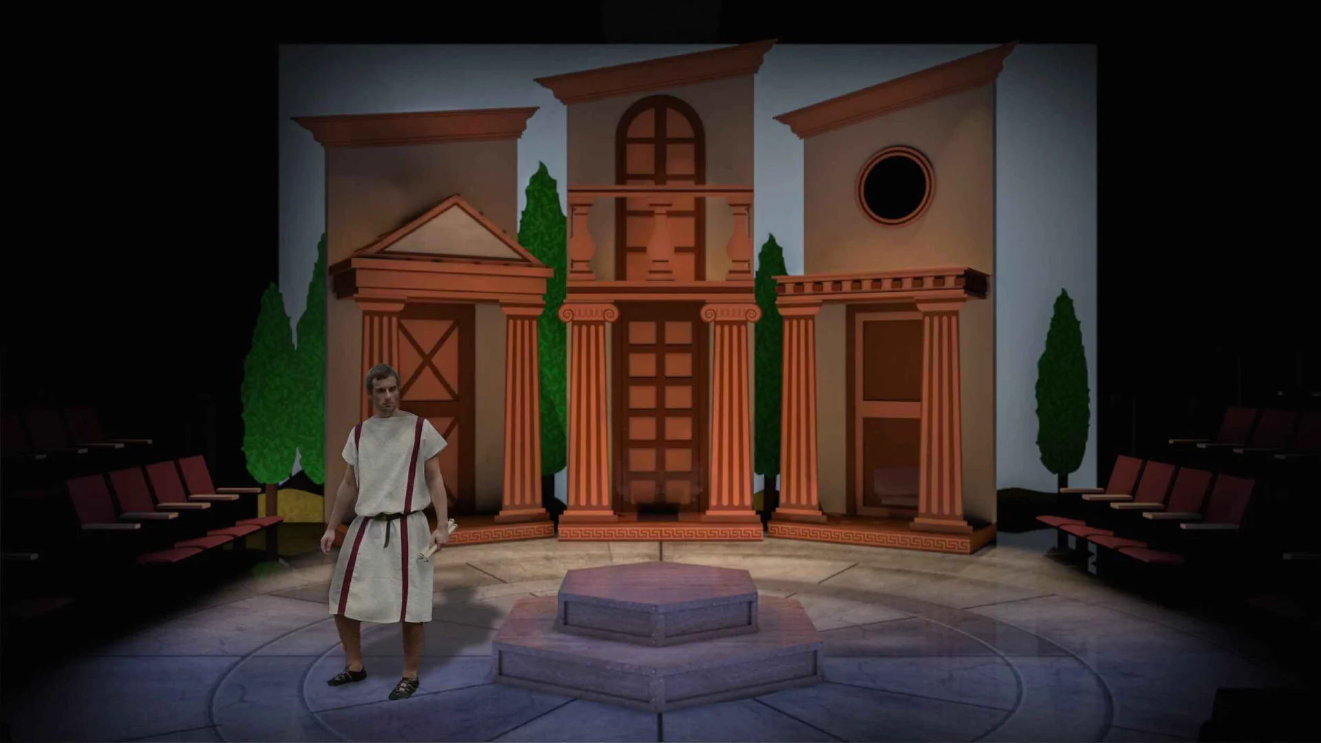 Rendering of the trio of Roman houses and the heightened comic world.