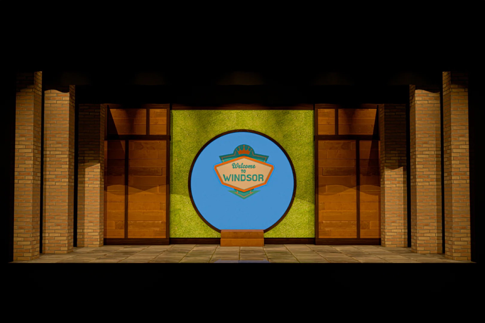 Rendering for The Merry Wives of Windsor showing the social world and threshold-driven scenic logic.