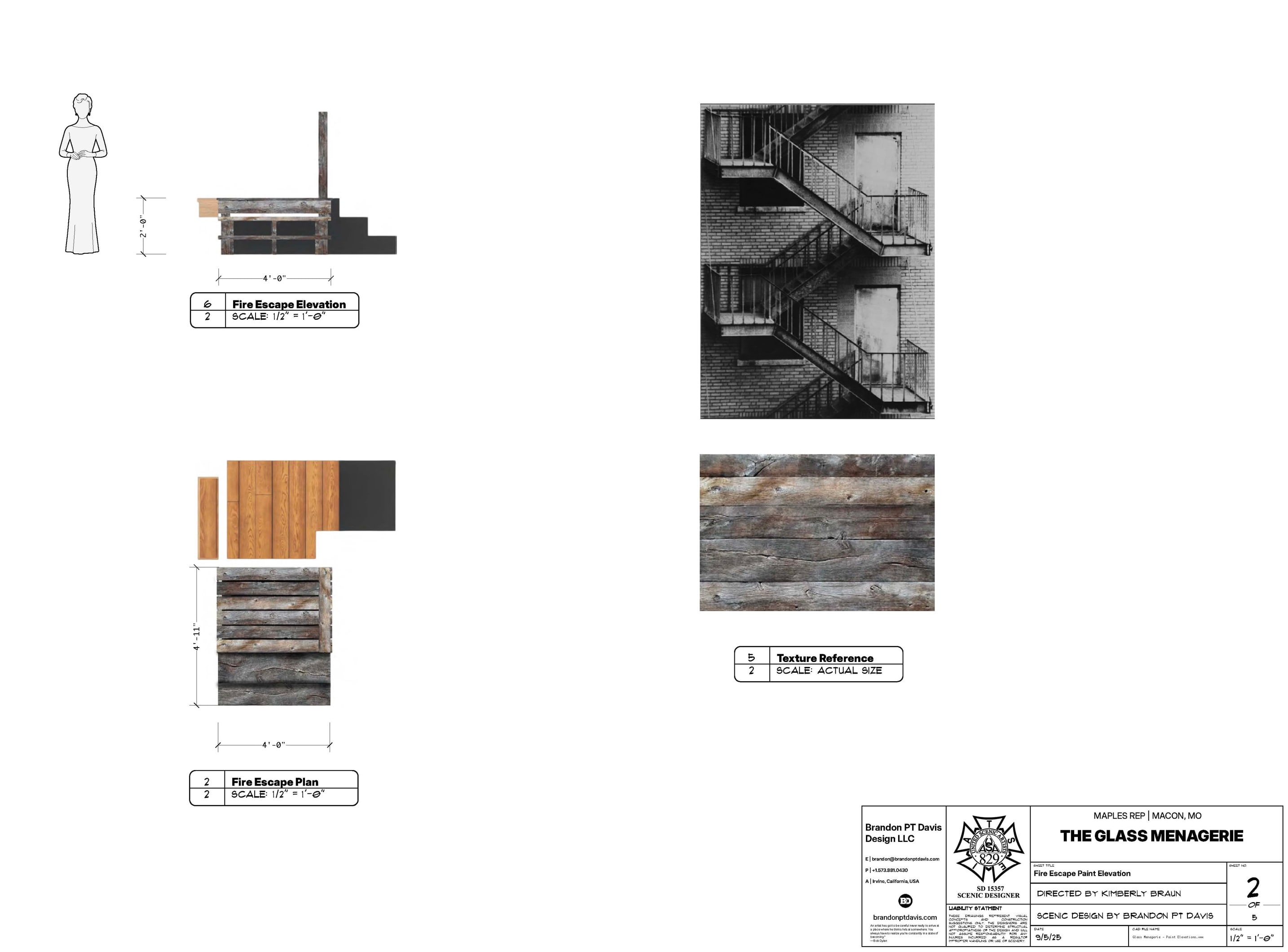 Fire escape paint elevation and texture reference sheet for The Glass Menagerie.
