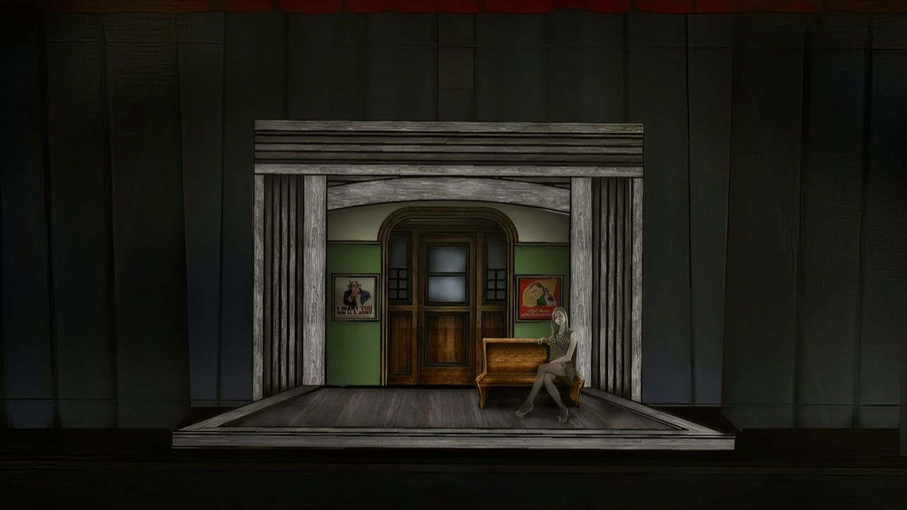 Rendering of the compressed proscenium and barn-wood material language.