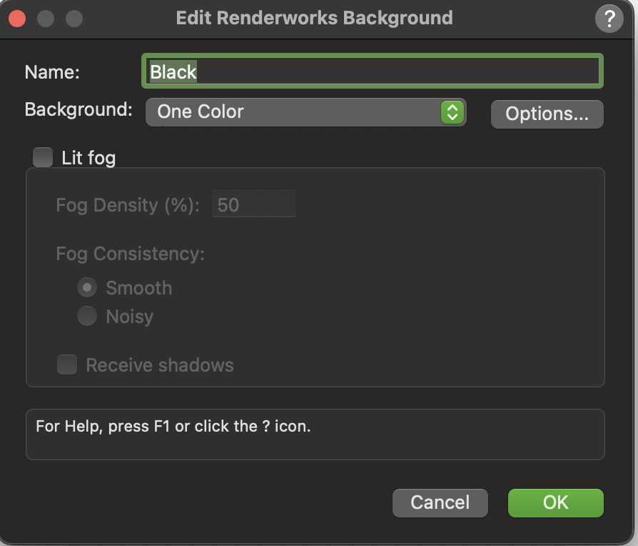 Vectorworks Edit Renderworks Background dialog set to a black one-color background.