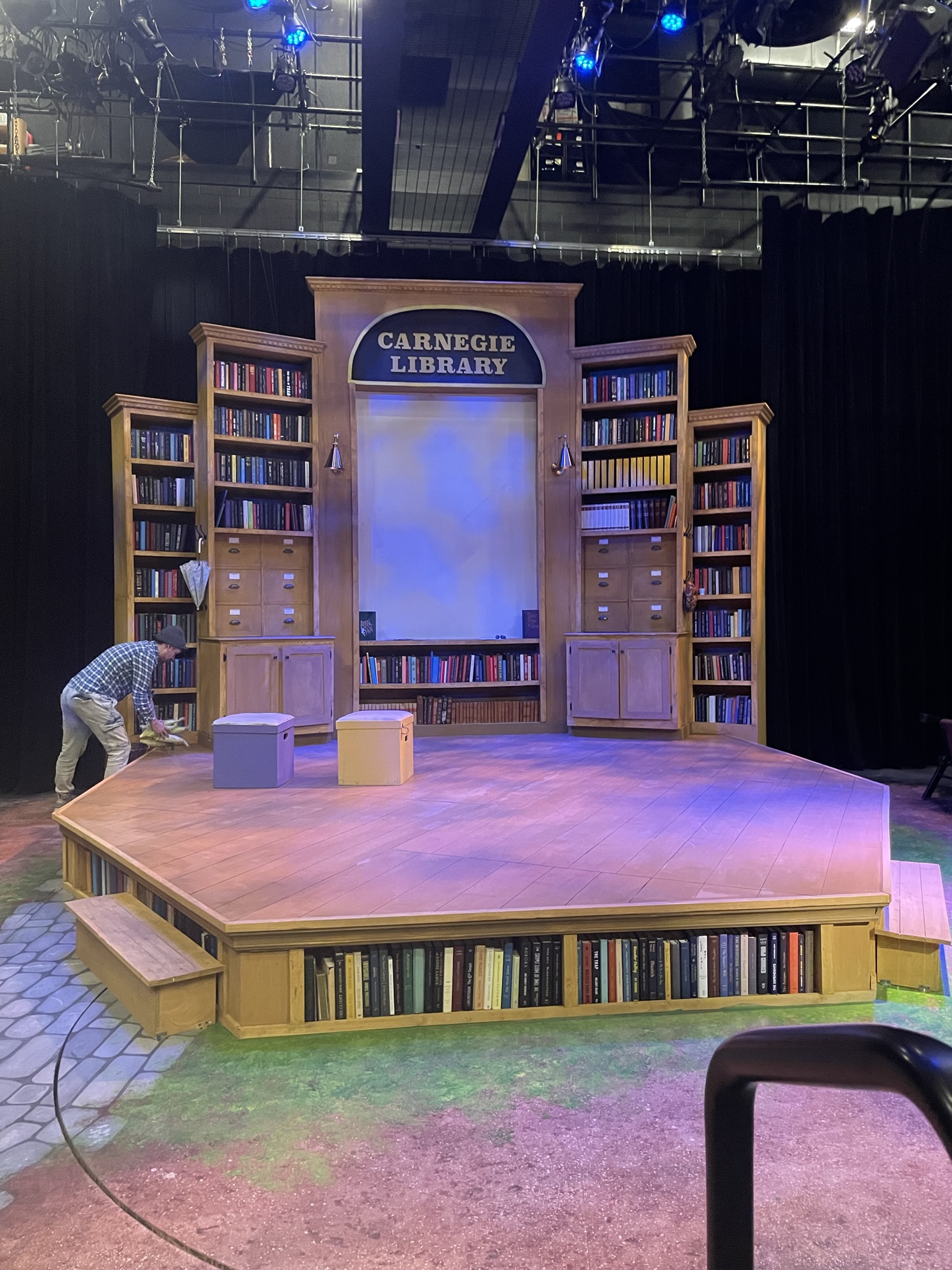 Production stage view with crew for Tomás and the Library Lady.
