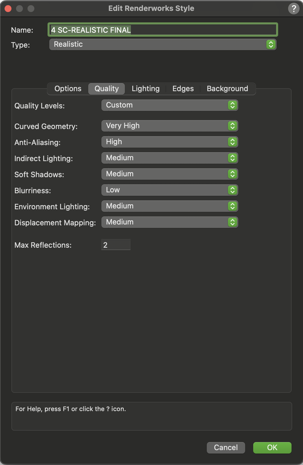 Vectorworks Edit Renderworks Style Realistic quality tab.