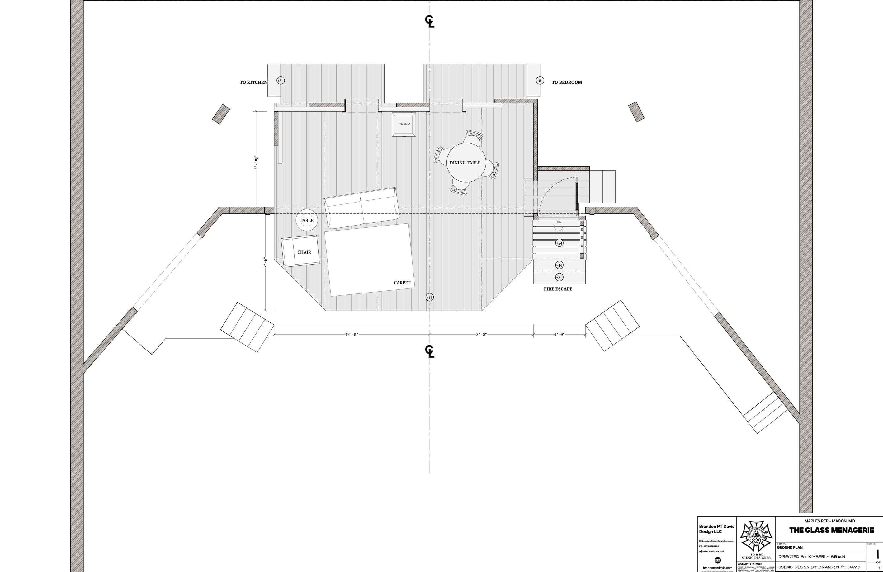 Ground plan drafting plate for The Glass Menagerie scenic design.