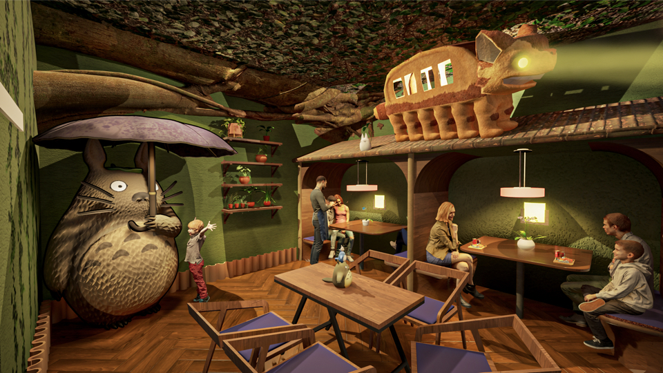 Student-designed immersive dining environment inspired by Studio Ghibli, combining themed storytelling, atmosphere, and restaurant planning.