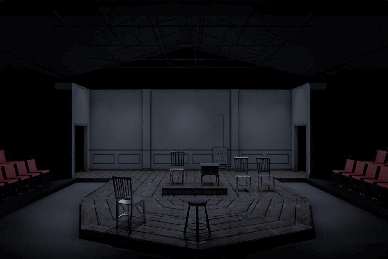 Rendering for An Enemy of the People testing the flattened grayscale environment and red focal furniture.
