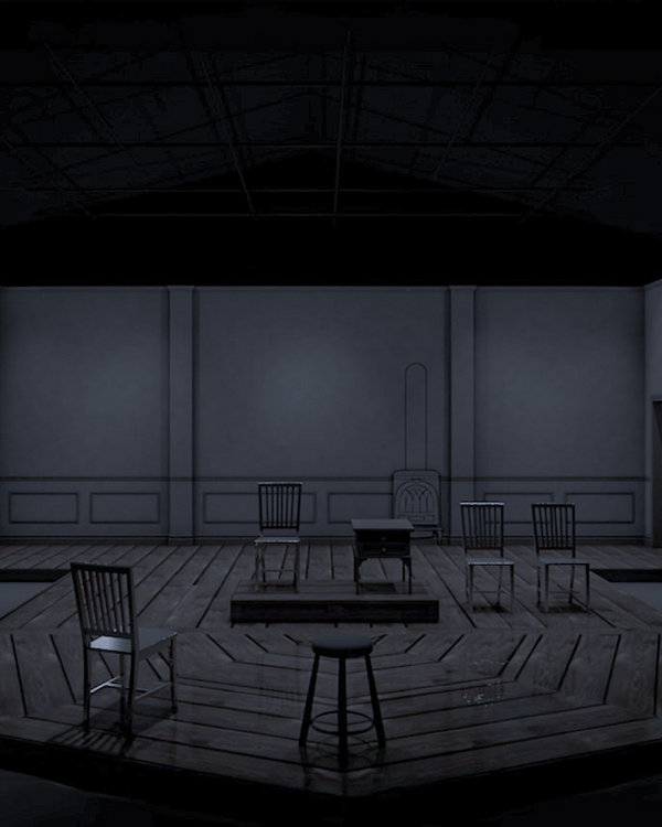 Rendering for An Enemy of the People testing the flattened grayscale environment and red focal furniture at Stephens College.
