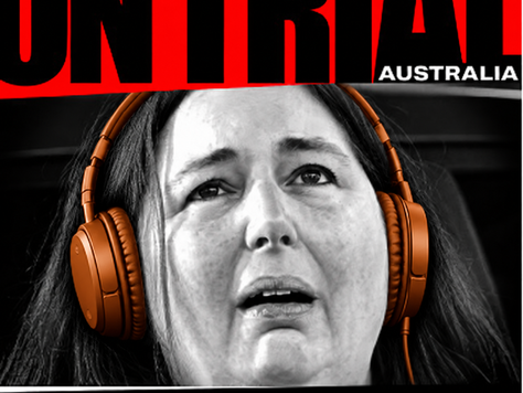 Original On Trial Australia podcast artwork featuring Erin Patterson, digitally adapted with burnt-orange headphones for an article about Tammy Egglestone's courtroom experiences.