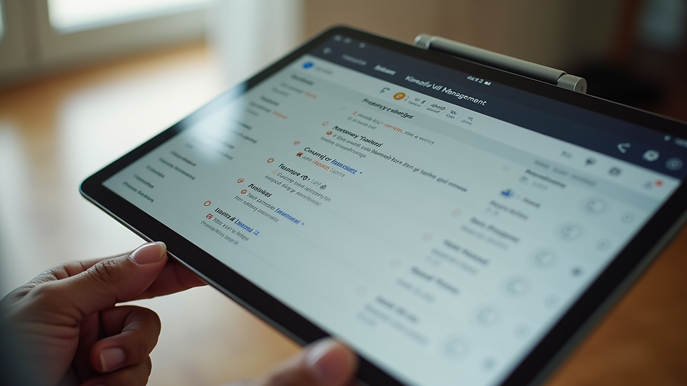 Close-up view of a tablet showing a project management app with nonprofit tasks