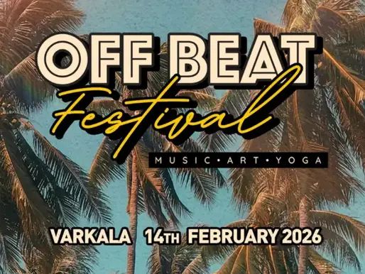 Афиша Off Beat Festival с пальмами и морским пейзажем, фестиваль музыки, искусства и йоги в Варкале.