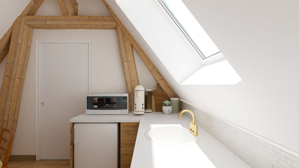 Cuisine, logement atypique, poutre, bois, airbnb, vacances, soubassement, Marne