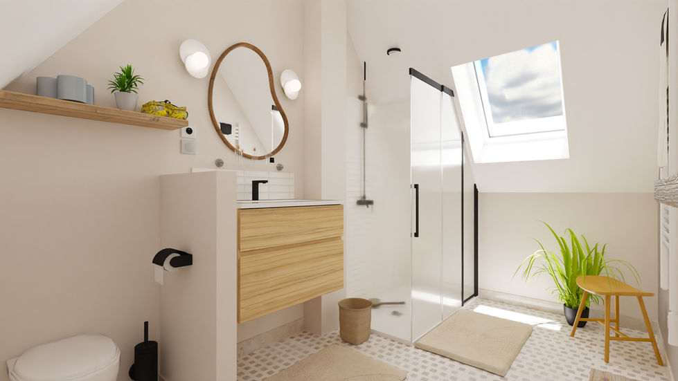 Salle de bain, logement atypique, poutre, bois, airbnb, vacances, soubassement, Marne
