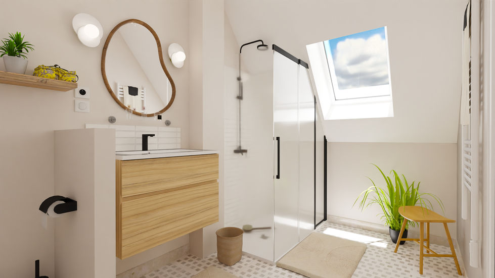 Salle de bain, logement atypique, poutre, bois, airbnb, vacances, soubassement, Marne