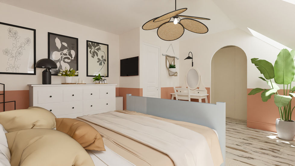 chambre, style campagne chic, terracotta, parquet, papier peint panoramique, ikea, rotin, végétal