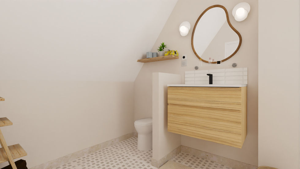 Salle de bain, logement atypique, poutre, bois, airbnb, vacances, soubassement, Marne