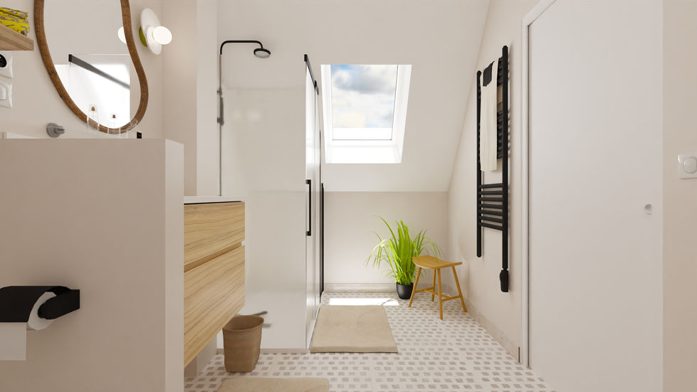 Salle de bain, logement atypique, poutre, bois, airbnb, vacances, soubassement, Marne
