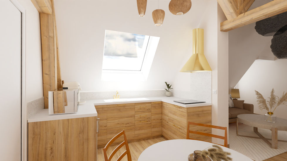 Cuisine, logement atypique, poutre, bois, airbnb, vacances, soubassement, Marne